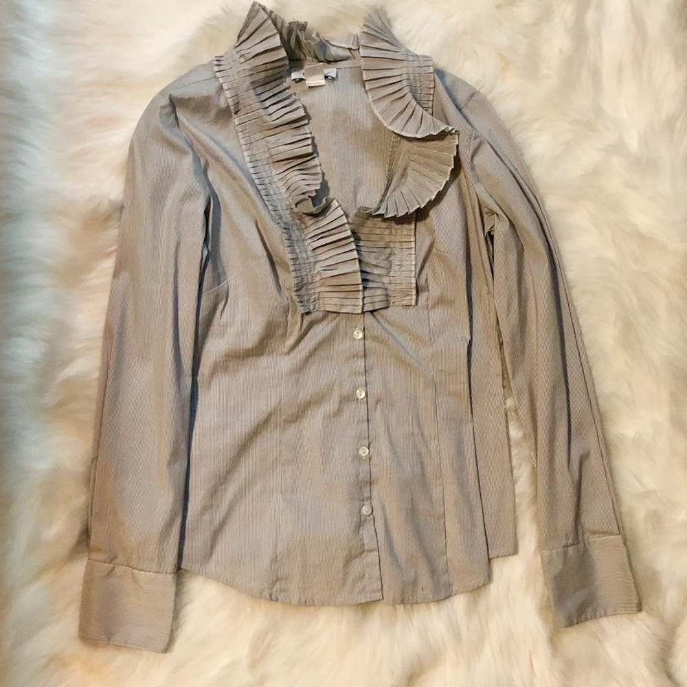 Ruffled Long Sleeve Collared Button Down